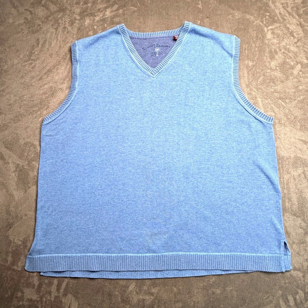 Tommy Bahama Sweater Vest Mens XL Blue 100% Cotton V-Neck Ribbed Trim Resort